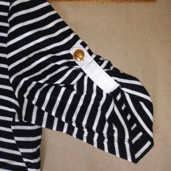 Lauren Ralph Lauren V-Neck Nautical Stripe Blue White Roll Tab Sleeve Size M - Picture 3 of 5
